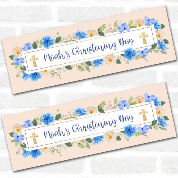 Personalised Party Banner For Christening Boy Blue Flowers Frame Cross