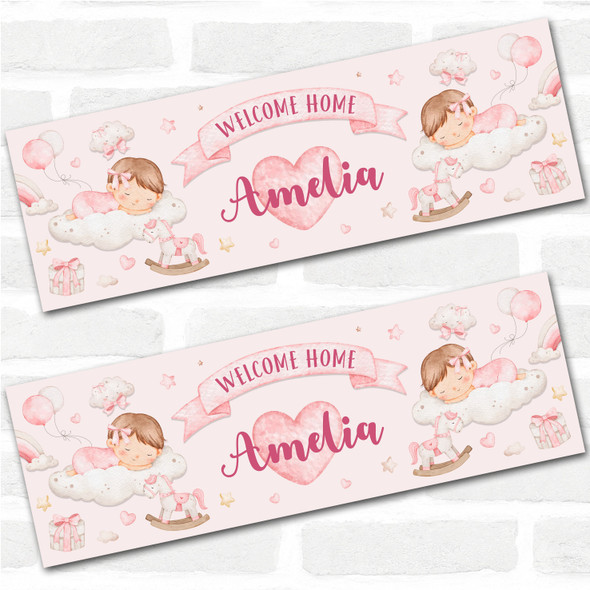 Personalised Party Banner For New Baby Girl Welcome Home Sleeping Baby Pink