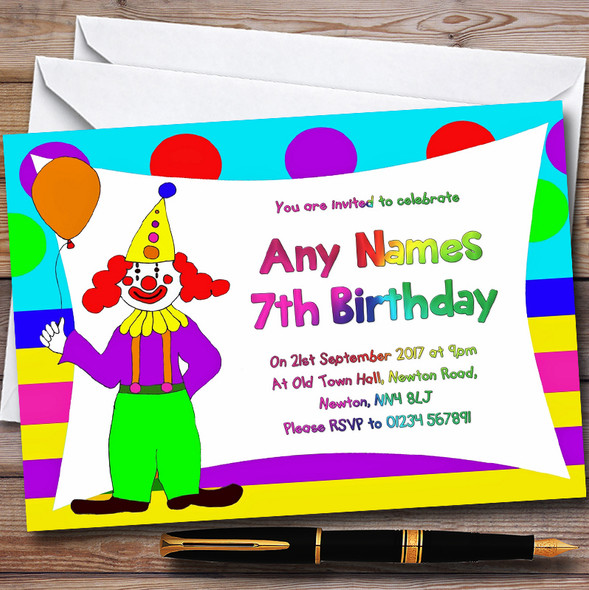 Bright Colourful Clown Personalised Childrens Birthday Party Invitations