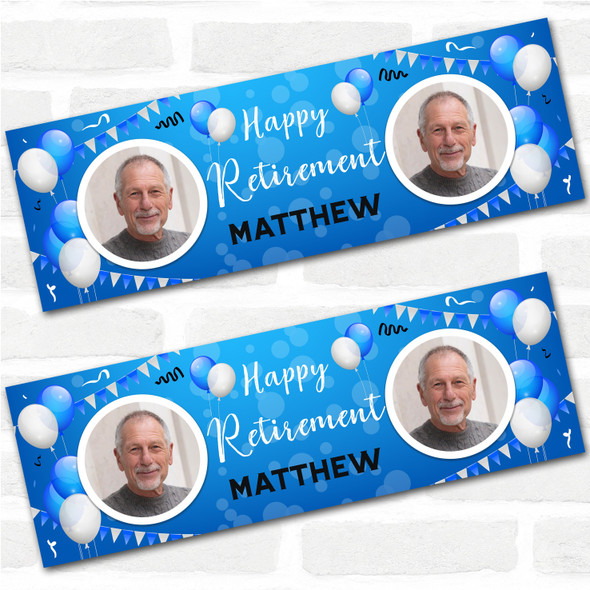 Personalised Party Banner For Retirement Photo Male Blue Balloons