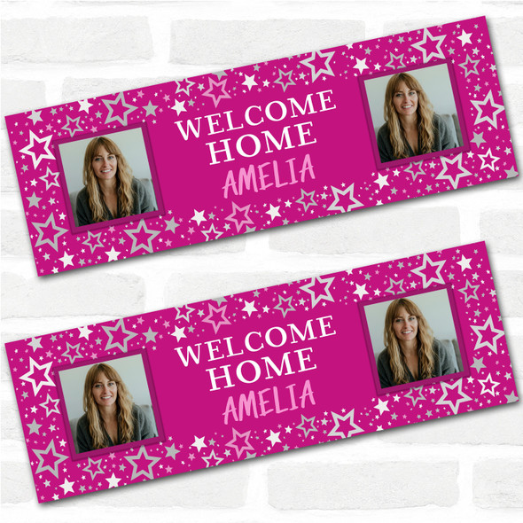 Personalised Party Banner For Welcome Home Travelling Female Photo Pink Stars