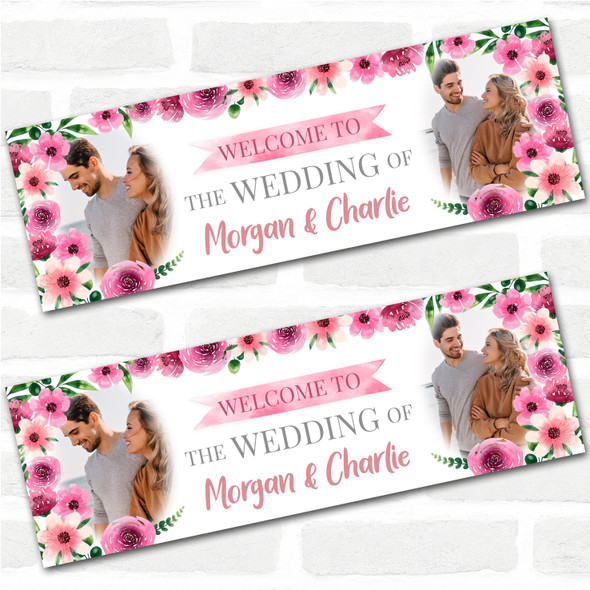 Personalised Party Banner For Wedding Day Welcome Photo Pink Flowers
