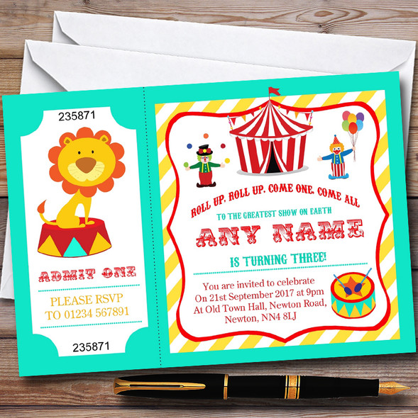 Green & Yellow Circus Personalised Childrens Birthday Party Invitations