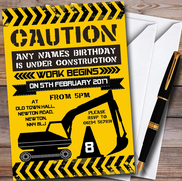 Caution Digger Under Construction Childrens Birthday Party Invitations