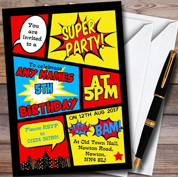 Boys Superhero Comic Personalised Childrens Birthday Party Invitations