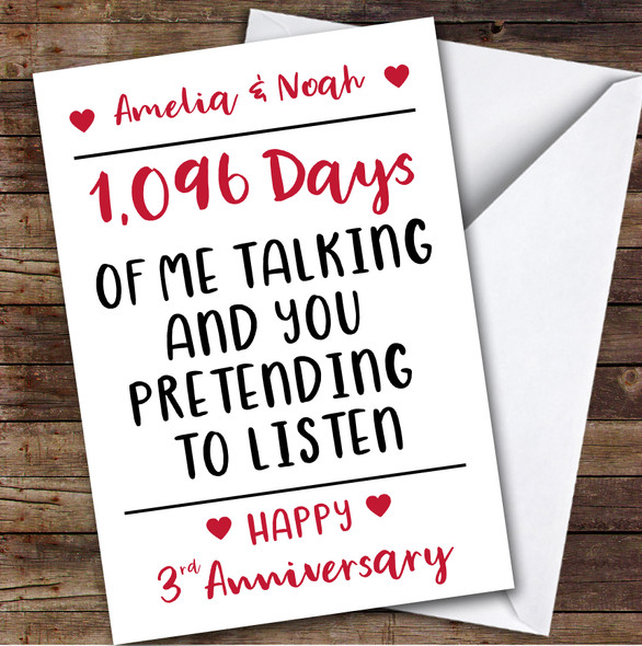 Anniversary Card Personalised 3rd Pretending To Listen Funny Days