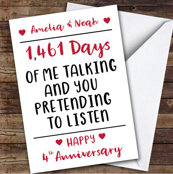 Anniversary Card Personalised 4th Pretending To Listen Funny Days