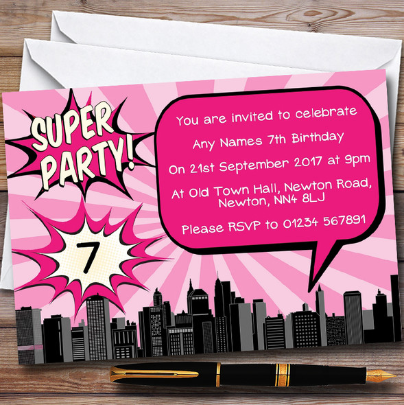 Pink Comic Superhero Personalised Childrens Birthday Party Invitations