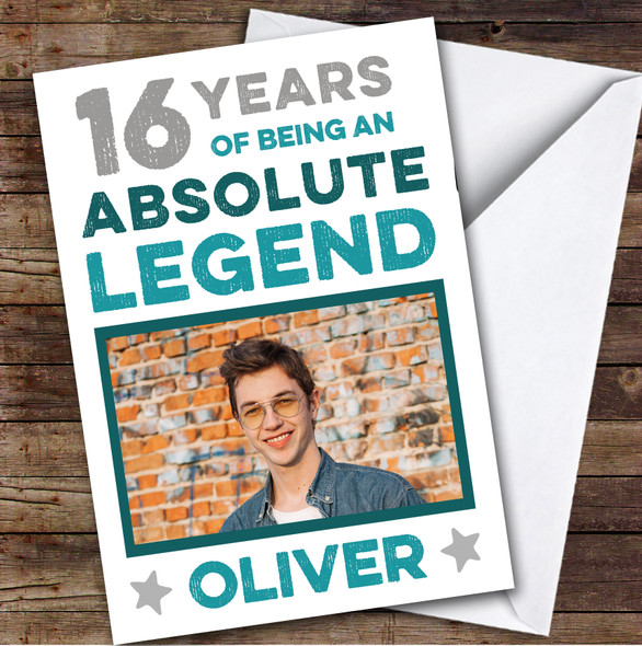 Birthday Card Personalised 16th Male Photo Legend Blue Grey