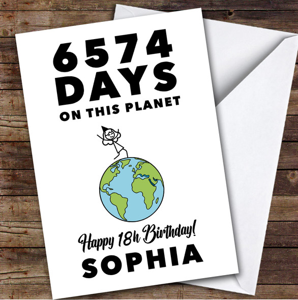 18th Birthday Card Personalised 6574 Days On This Planet Funny Doodle Woman