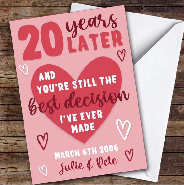 Anniversary Card Personalised 20th Years Best Decision Pink