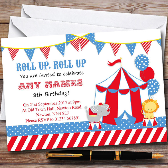 Red & Blue Circus Elephant Lion Childrens Birthday Party Invitations
