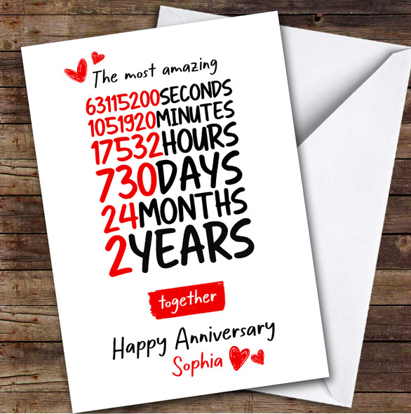2nd Wedding Anniversary Card Personalised Amazing Seconds Minutes Hours Days