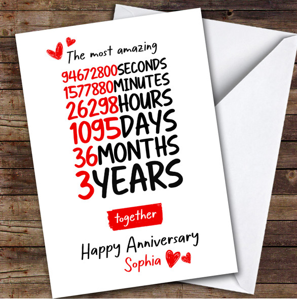 3rd Wedding Anniversary Card Personalised Amazing Seconds Minutes Hours Days