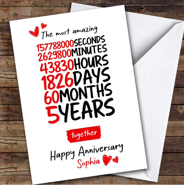 5th Wedding Anniversary Card Personalised Amazing Seconds Minutes Hours Days