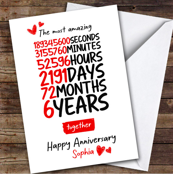 6th Wedding Anniversary Card Personalised Amazing Seconds Minutes Hours Days