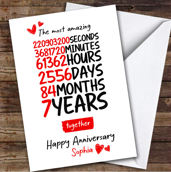 7th Wedding Anniversary Card Personalised Amazing Seconds Minutes Hours Days