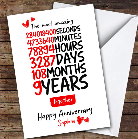 9th Wedding Anniversary Card Personalised Amazing Seconds Minutes Hours Days
