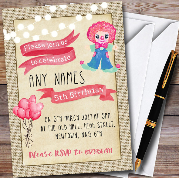 Pink Girls Clown Personalised Childrens Birthday Party Invitations