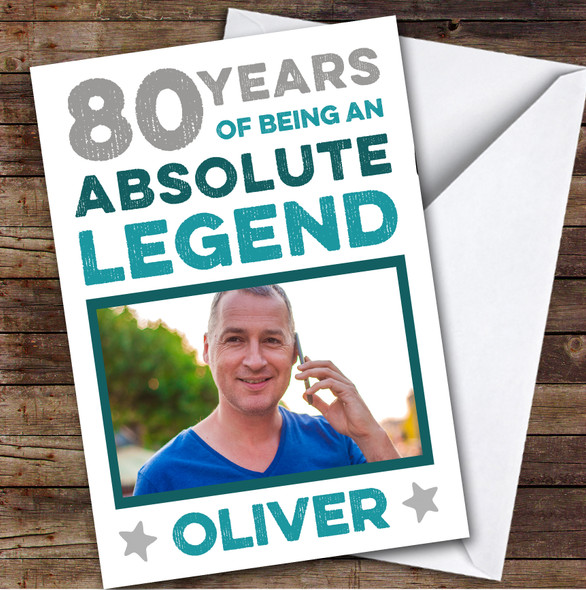Birthday Card Personalised 80th Male Photo Legend Blue Grey