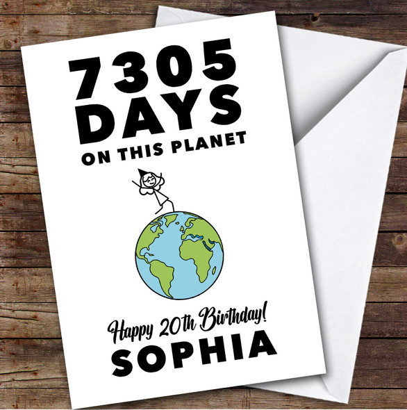 20th Birthday Card Personalised 7305 Days On This Planet Funny Doodle Woman