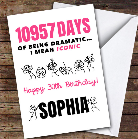 30th Birthday Card Personalised Pink Funny Female Doodle Days Of Being Dramatic