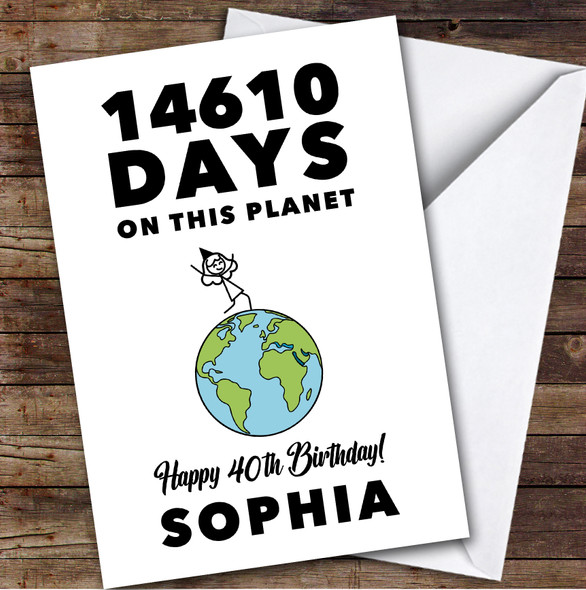 40th Birthday Card Personalised 14610 Days On This Planet Funny Doodle Woman
