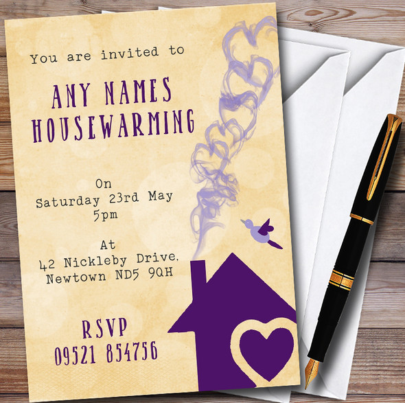 Yellow & Purple Heart House Personalised Housewarming Party Invitations