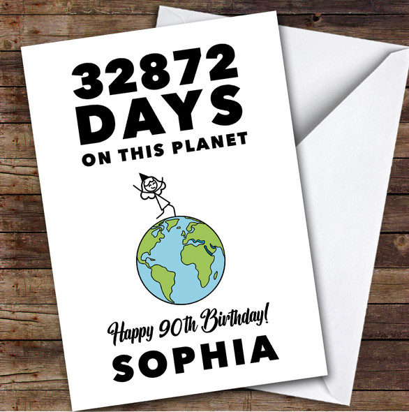 90th Birthday Card Personalised 32872 Days On This Planet Funny Doodle Woman