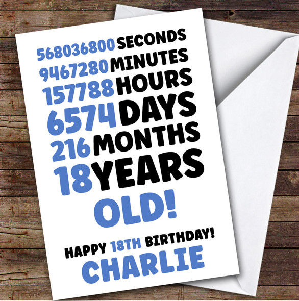 Blue 18th Birthday Card Personalised Seconds Minutes Hours Days
