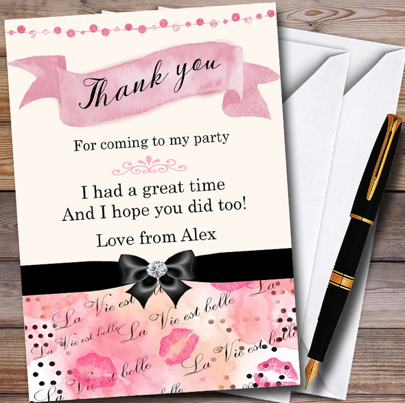 Pink Girls Fashion Make Up Personalised Childrens Birthday Party Thank You Cards