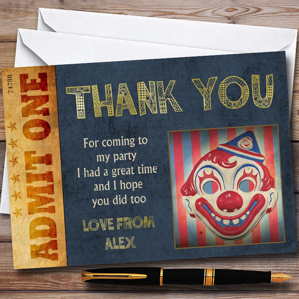 Clown Face Vintage Circus Personalised Childrens Birthday Party Thank You Cards
