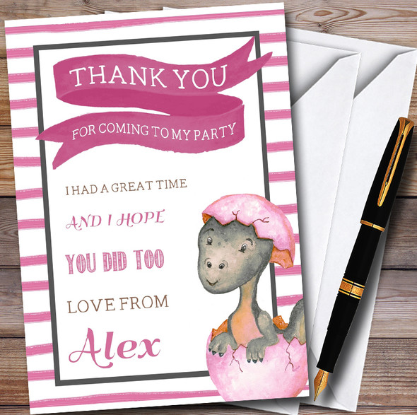 Girls Pink Baby Dinosaur Personalised Childrens Birthday Party Thank You Cards