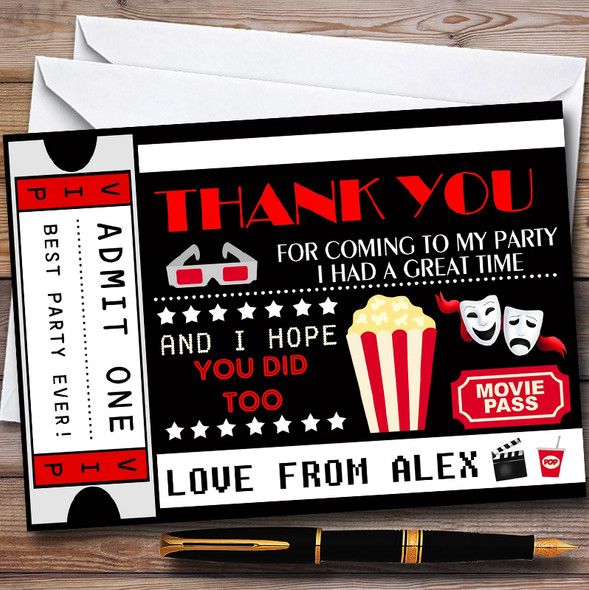 Movie Film Cinema Ticket Personalised Childrens Birthday Party Thank You Cards