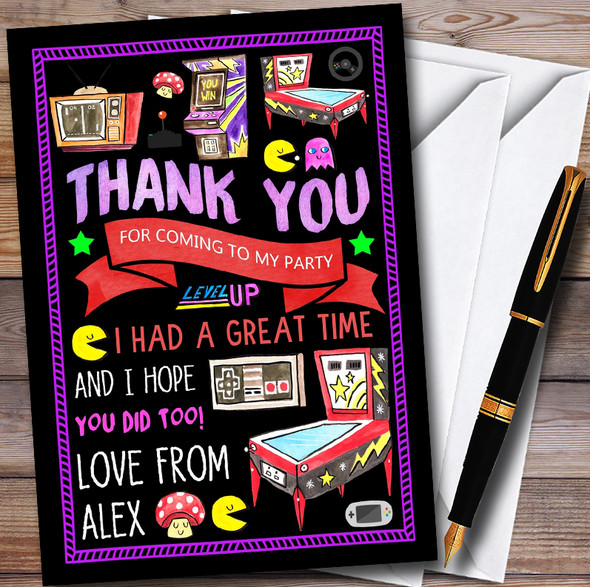 Black Retro Arcade Game Personalised Childrens Birthday Party Thank You Cards