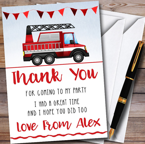 Watercolour Fire Engine Personalised Childrens Birthday Party Thank You Cards