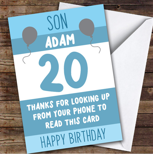 Birthday Card Personalised 20th Son Looking Up From Phone Blue Balloons