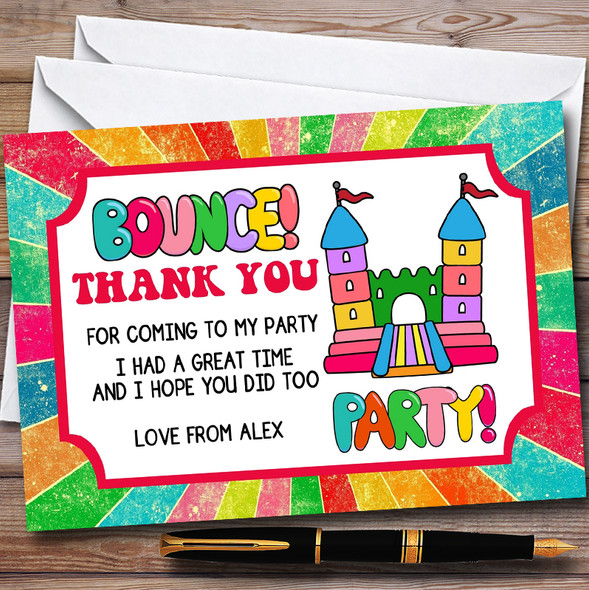Rainbow Bouncy Castle Personalised Childrens Birthday Party Thank You Cards