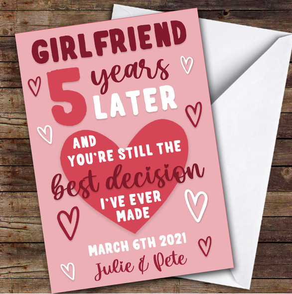 Anniversary Card Personalised 5th Girlfriend Years Best Decision Pink