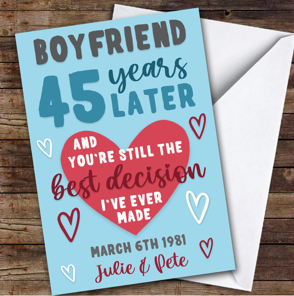 Anniversary Card Personalised 45th Boyfriend Years Best Decision Blue