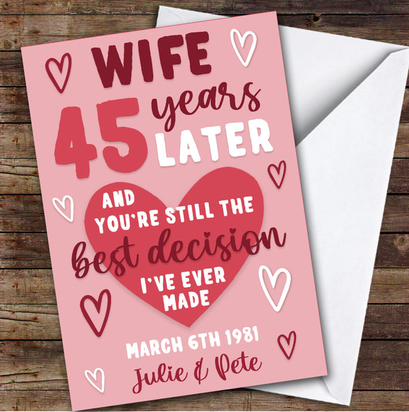 Anniversary Card Personalised 45th Wife Years Best Decision Pink