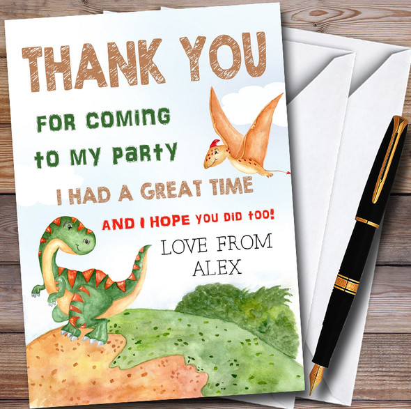 Watercolour Dinosaur Personalised Childrens Birthday Party Thank You Cards