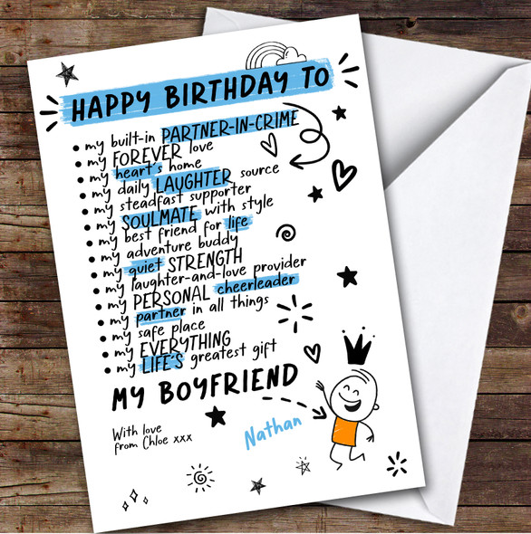 Boyfriend Funny Doodles Birthday Card Personalised