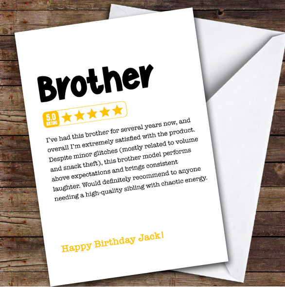 Funny Any Review Birthday Card Personalised Brother