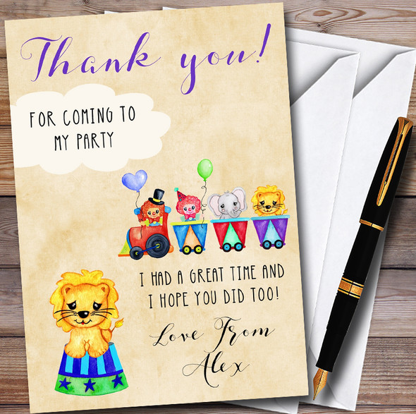 Cute Watercolour Circus Animals Childrens Birthday Party Thank You Cards