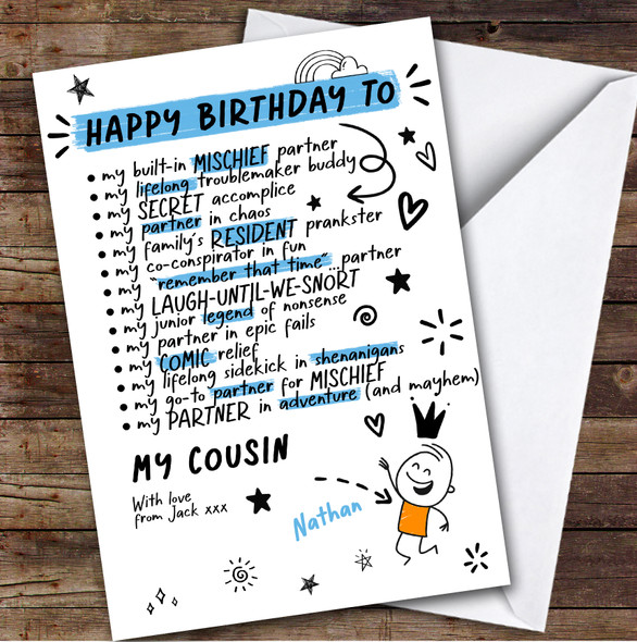 Male Cousin Funny Doodles Birthday Card Personalised