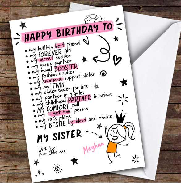 Sister Funny Doodles Birthday Card Personalised