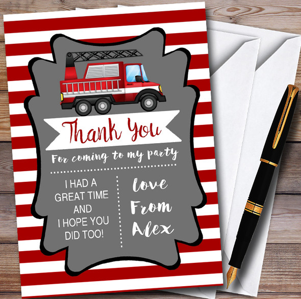 Red Stripes Fireman Fire Engine Childrens Birthday Party Thank You Cards