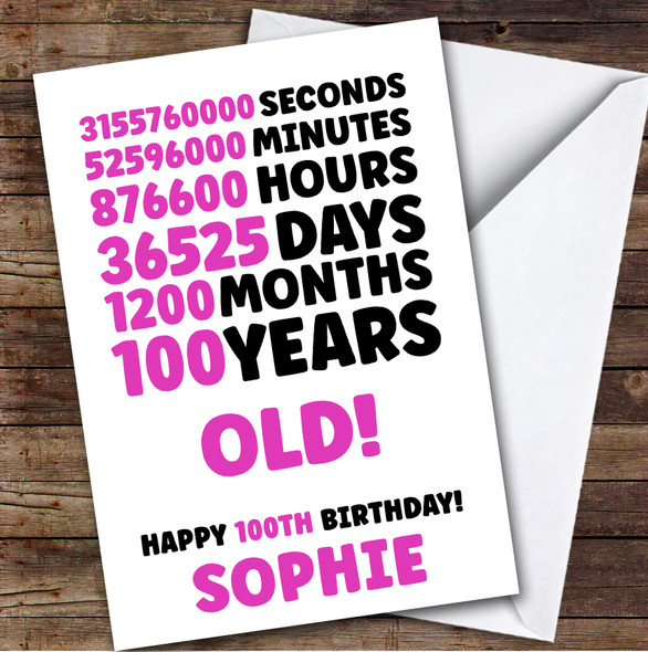 Pink 100th Birthday Card Personalised Seconds Minutes Hours Days