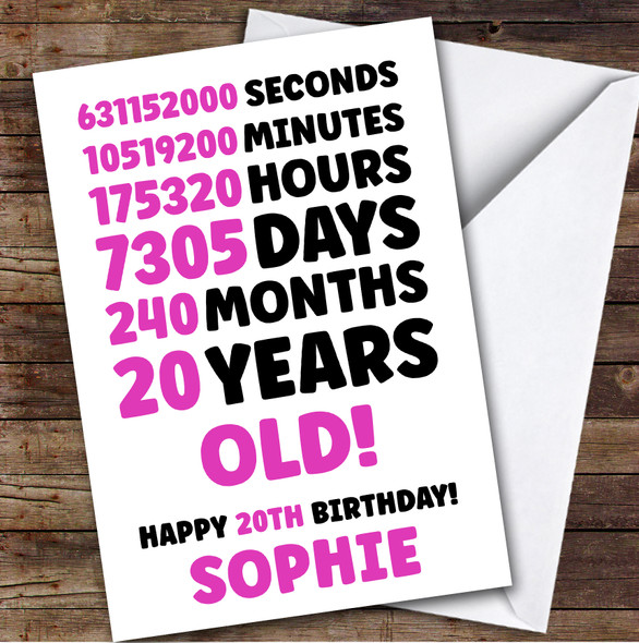 Pink 20th Birthday Card Personalised Seconds Minutes Hours Days
